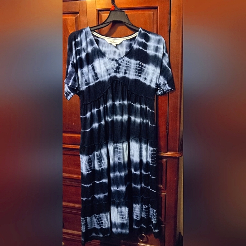 Tantrums Blue/White Tie Dyed Ruffled T-Shirt Dress